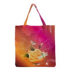 Beautiful Roses With Dragonflies Grocery Tote Bags