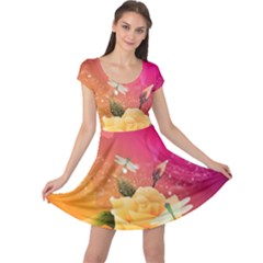 Beautiful Roses With Dragonflies Cap Sleeve Dresses by FantasyWorld7