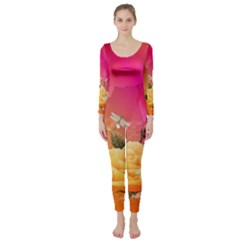 Beautiful Roses With Dragonflies Long Sleeve Catsuit by FantasyWorld7