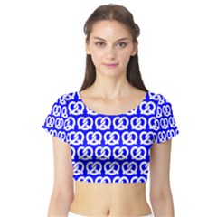 Blue Pretzel Illustrations Pattern Short Sleeve Crop Top by GardenOfOphir