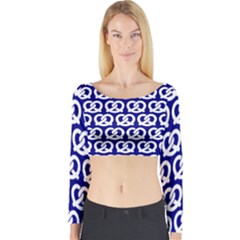 Navy Pretzel Illustrations Pattern Long Sleeve Crop Top by GardenOfOphir