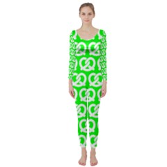 Neon Green Pretzel Illustrations Pattern Long Sleeve Catsuit by GardenOfOphir