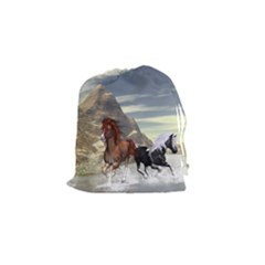 Beautiful Horses Running In A River Drawstring Pouches (small)  by FantasyWorld7