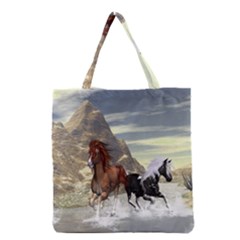 Beautiful Horses Running In A River Grocery Tote Bags by FantasyWorld7