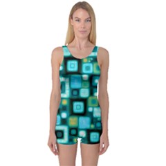 Teal Squares Women s Boyleg One Piece Swimsuits