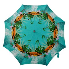 Surfboard With Palm And Flowers Hook Handle Umbrellas (small) by FantasyWorld7