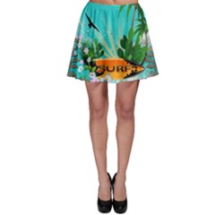 Surfboard With Palm And Flowers Skater Skirts by FantasyWorld7