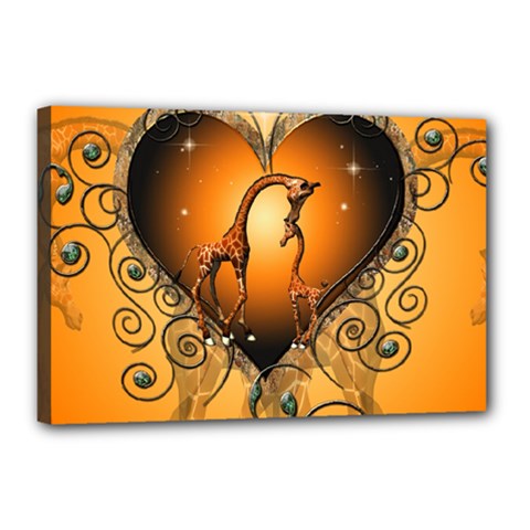 Funny Cute Giraffe With Your Child In A Heart Canvas 18  X 12  by FantasyWorld7