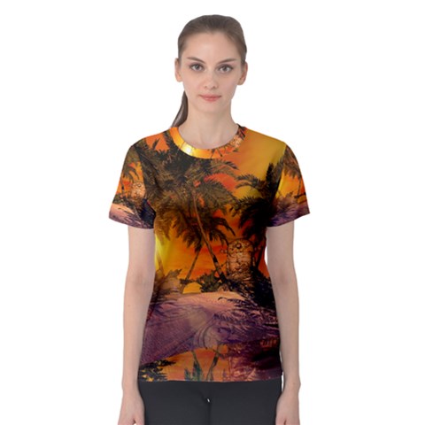 Wonderful Sunset In  A Fantasy World Women s Sport Mesh Tees by FantasyWorld7