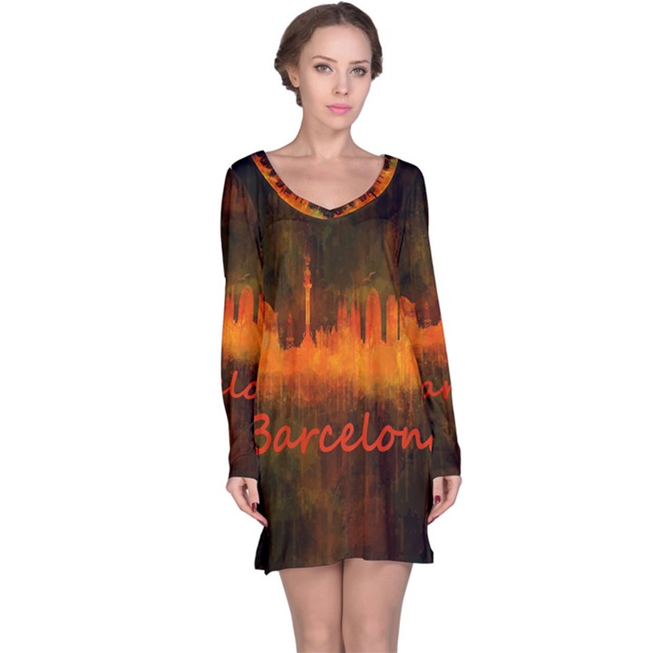 Barcelona City Dark Watercolor Skyline Long Sleeve Nightdresses