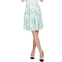 Mint Green And White Baroque Floral Pattern A-line Skirts by Dushan