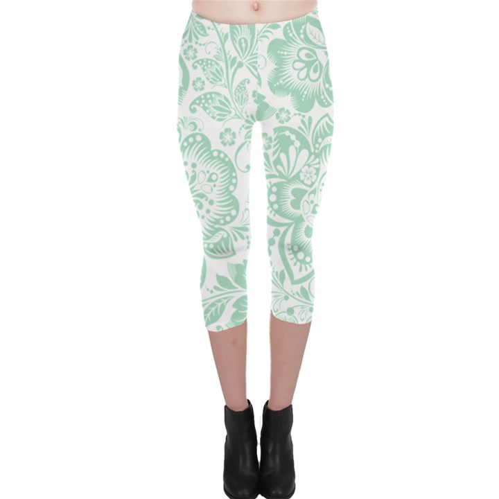 Mint green And White Baroque Floral Pattern Capri Leggings