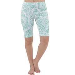 Mint Green And White Baroque Floral Pattern Cropped Leggings by Dushan