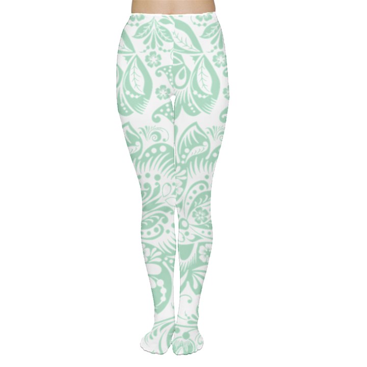 Mint green And White Baroque Floral Pattern Women s Tights