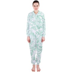 Mint Green And White Baroque Floral Pattern Hooded Jumpsuit (ladies)  by Dushan