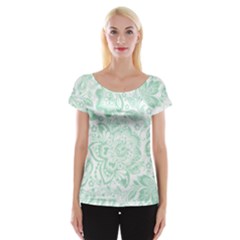 Mint Green And White Baroque Floral Pattern Women s Cap Sleeve Top by Dushan