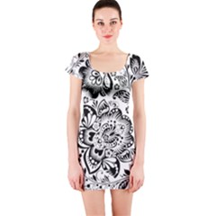 Black Floral Damasks Pattern Baroque Style Short Sleeve Bodycon Dresses by Dushan