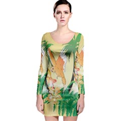 Funny Budgies With Palm And Flower Long Sleeve Bodycon Dresses by FantasyWorld7