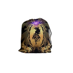 Lion Silhouette With Flame On Golden Shield Drawstring Pouches (small) 