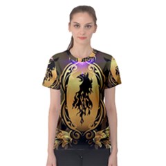 Lion Silhouette With Flame On Golden Shield Women s Sport Mesh Tees