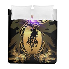 Lion Silhouette With Flame On Golden Shield Duvet Cover (twin Size) by FantasyWorld7