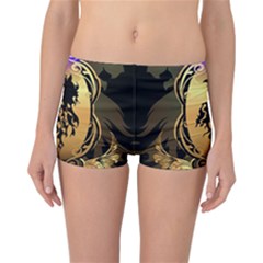 Lion Silhouette With Flame On Golden Shield Reversible Boyleg Bikini Bottoms by FantasyWorld7