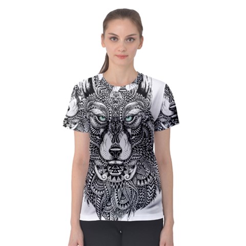 Intricate Elegant Wolf Head Illustration Women s Sport Mesh Tees by Dushan