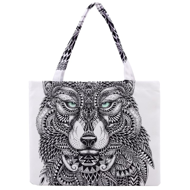 Intricate elegant wolf head illustration Tiny Tote Bags