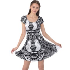 Intricate Elegant Wolf Head Illustration Cap Sleeve Dresses by Dushan