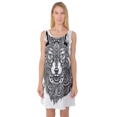 Intricate Elegant Wolf Head Illustration Sleeveless Satin Nightdresses by Dushan