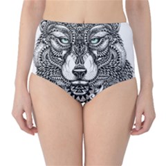 Intricate Elegant Wolf Head Illustration High-waist Bikini Bottoms by Dushan