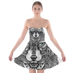 Intricate Elegant Wolf Head Illustration Strapless Bra Top Dress by Dushan