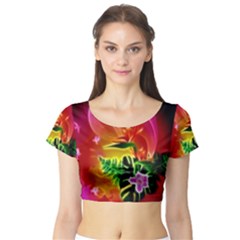 Awesome F?owers With Glowing Lines Short Sleeve Crop Top by FantasyWorld7