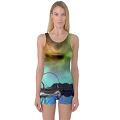 Fantasy Landscape With Lamp Boat And Awesome Sky Women s Boyleg One Piece Swimsuits by FantasyWorld7