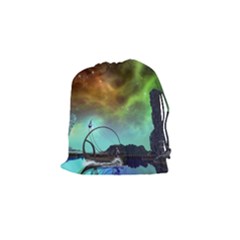 Fantasy Landscape With Lamp Boat And Awesome Sky Drawstring Pouches (small)  by FantasyWorld7