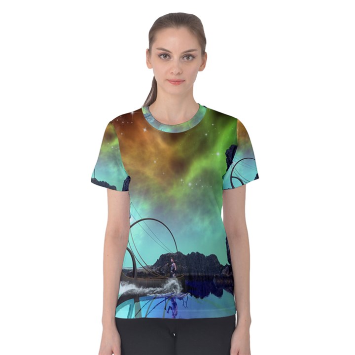 Fantasy Landscape With Lamp Boat And Awesome Sky Women s Cotton Tees