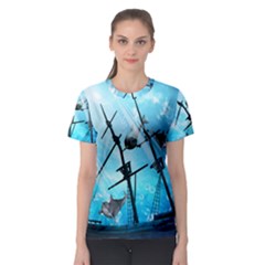 Underwater World With Shipwreck And Dolphin Women s Sport Mesh Tees