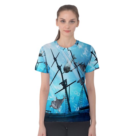 Underwater World With Shipwreck And Dolphin Women s Cotton Tees by FantasyWorld7