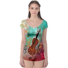 Violin With Violin Bow And Key Notes Short Sleeve Leotard by FantasyWorld7