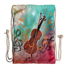 Violin With Violin Bow And Key Notes Drawstring Bag (large) by FantasyWorld7