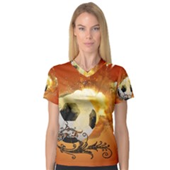 Soccer With Fire And Flame And Floral Elelements Women s V-neck Sport Mesh Tee