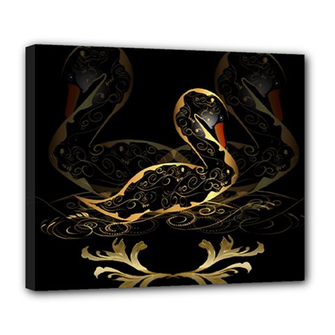 Wonderful Swan In Gold And Black With Floral Elements Deluxe Canvas 24  X 20  