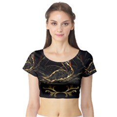 Wonderful Swan In Gold And Black With Floral Elements Short Sleeve Crop Top