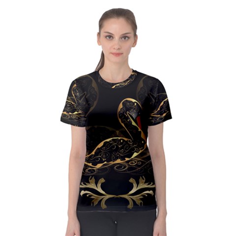 Wonderful Swan In Gold And Black With Floral Elements Women s Sport Mesh Tees by FantasyWorld7