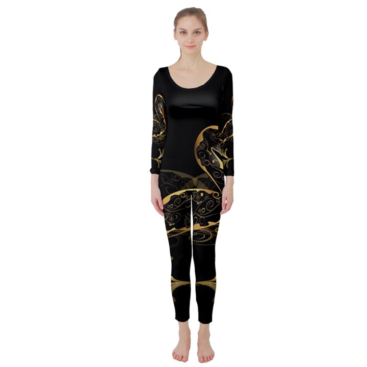 Wonderful Swan In Gold And Black With Floral Elements Long Sleeve Catsuit