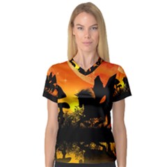 Beautiful Unicorn Silhouette In The Sunset Women s V-Neck Sport Mesh Tee