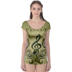 Decorative Clef With Damask In Soft Green Short Sleeve Leotard