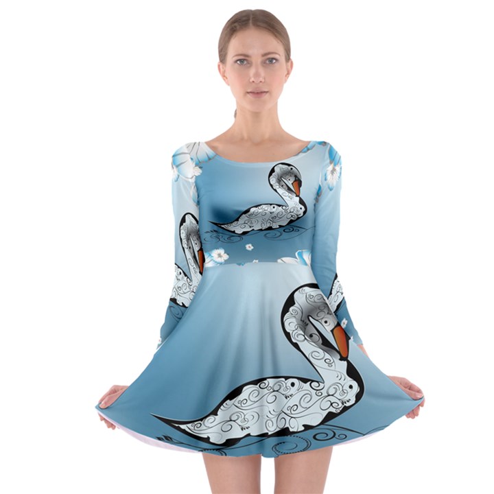 Wonderful Swan Made Of Floral Elements Long Sleeve Skater Dress