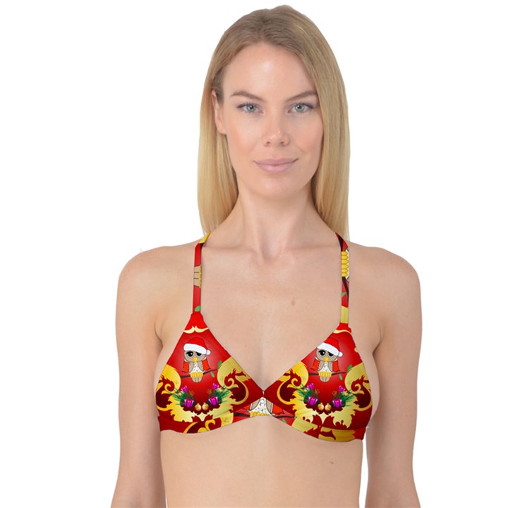 Funny, Cute Christmas Owl  With Christmas Hat Reversible Tri Bikini Tops