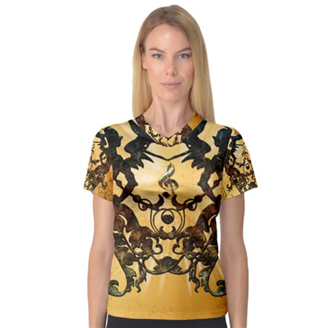 Clef With Awesome Figurative And Floral Elements Women s V-neck Sport Mesh Tee by FantasyWorld7